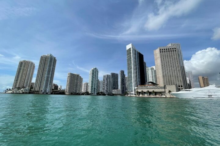 Brickell and downtown Miami skyline seen from the water of Biscayne Bay