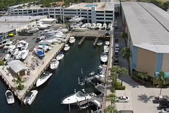 Aerial view of the TNT Marina basin and boat storage in North Miami