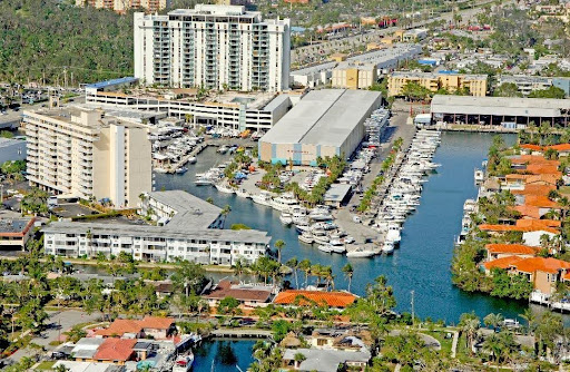 Aerial of the North Miami marina basin with docked boats