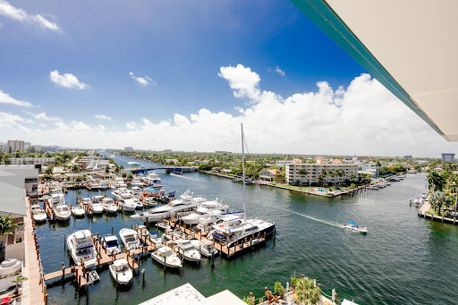 Aerial of the canal-front marina at 125 N Riverside Drive, Pompano Beach
