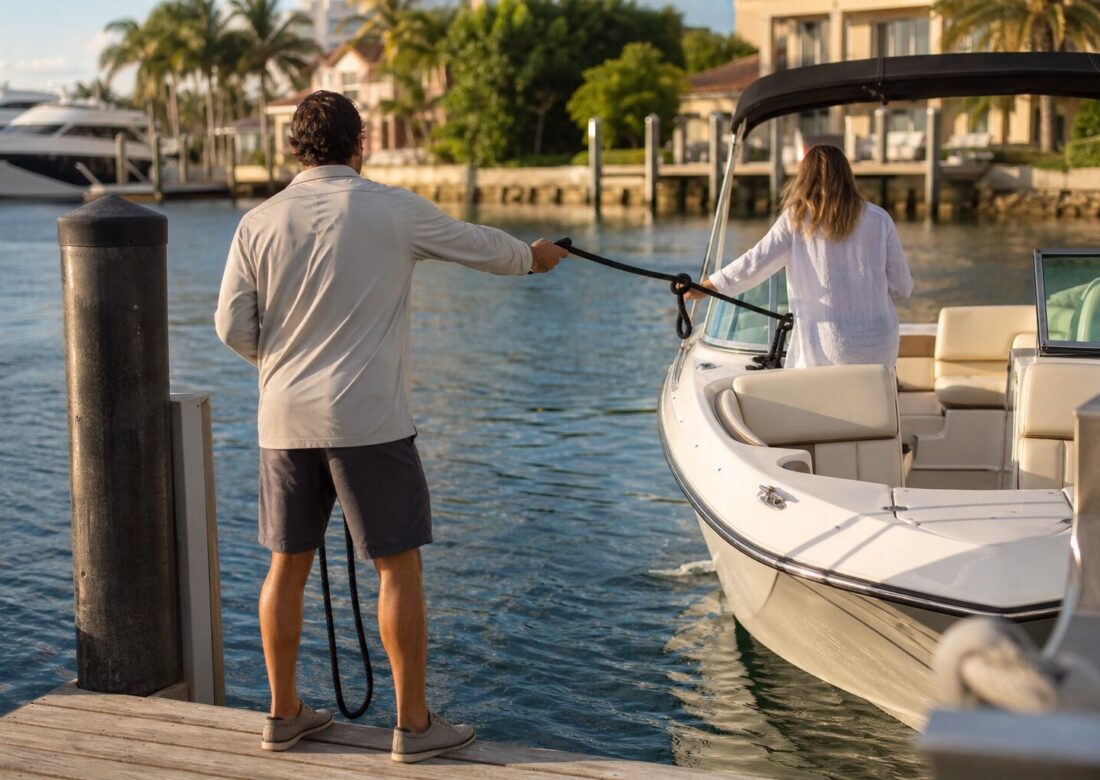 A dockhand steadying a club boat at the dock