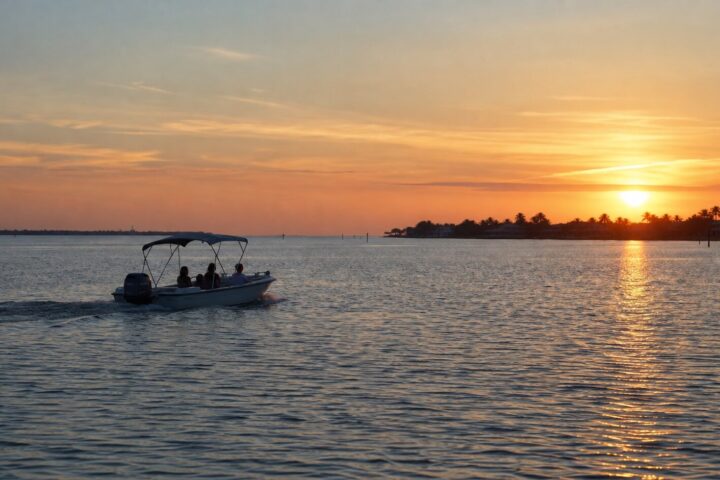 A club boat cruising South Florida water at sunset