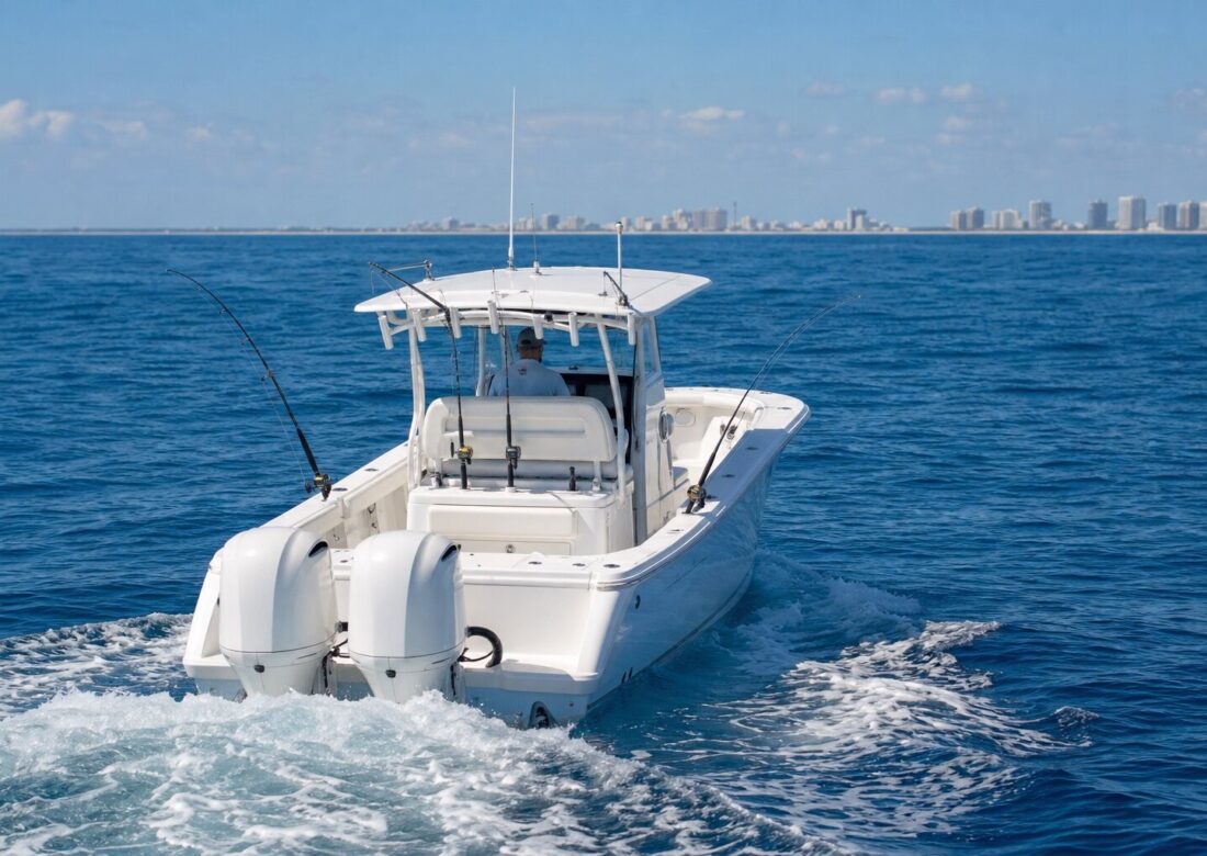 A center console running offshore for a day of fishing