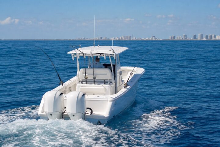 A center console running offshore for a day of fishing