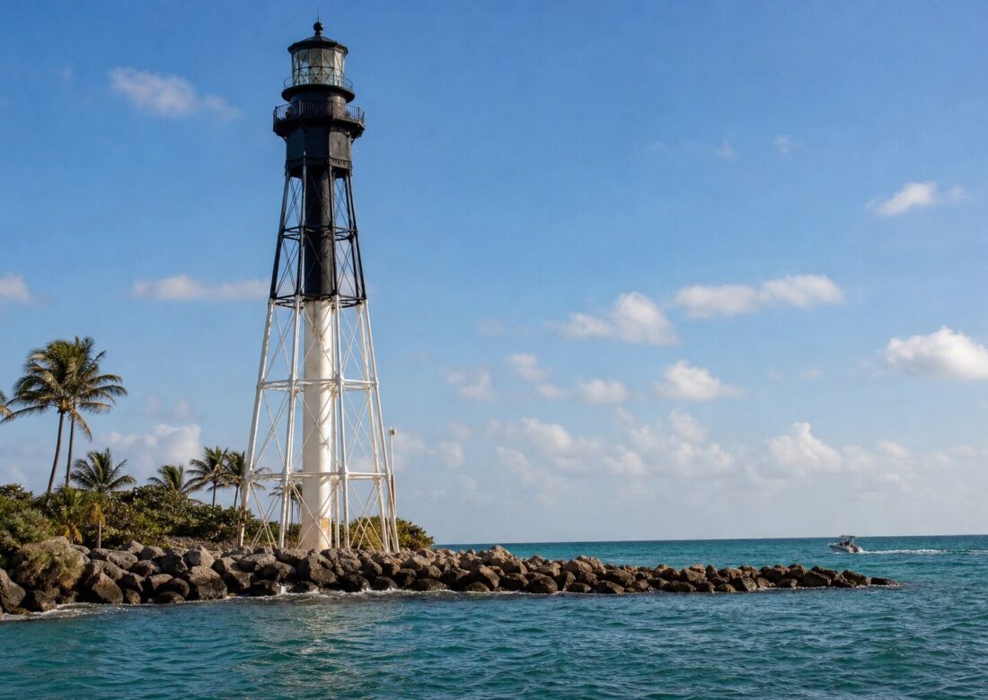 Hillsboro Inlet Lighthouse on its rocky point near Pompano Beach
