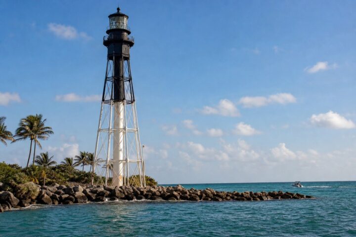 Hillsboro Inlet Lighthouse on its rocky point near Pompano Beach