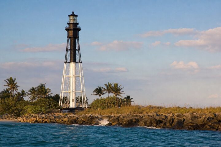 The Hillsboro Inlet Lighthouse iron tower from the water