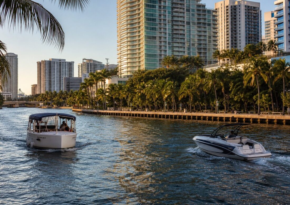 Boating the New River past downtown Fort Lauderdale