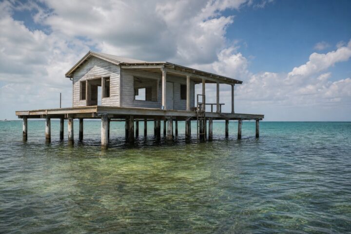 A Stiltsville house on wooden pilings over the clear waters of Biscayne Bay