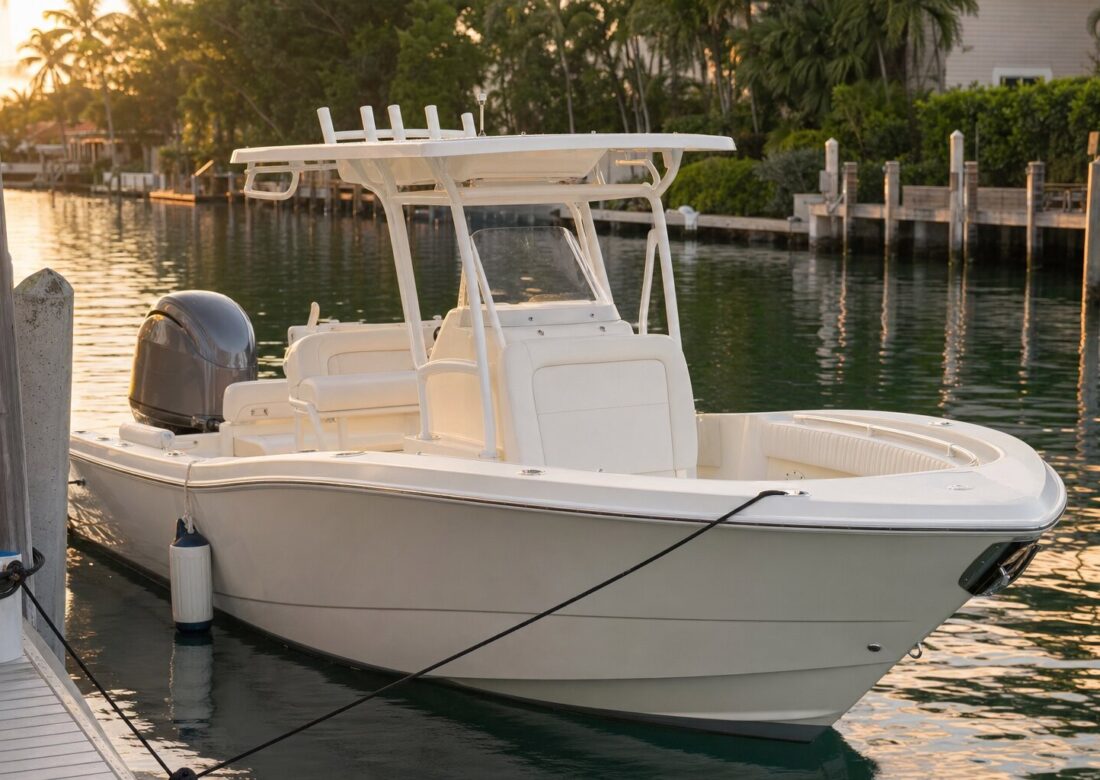 Cobia 220 CC center console at the dock at golden hour