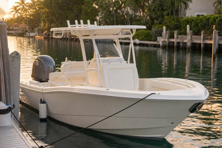 Cobia 220 CC center console at the dock at golden hour