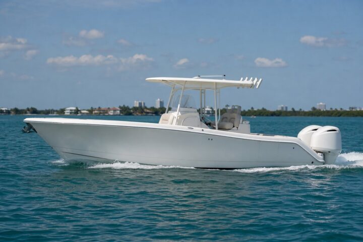 Cobia 262 CC center console with twin outboards, profile view