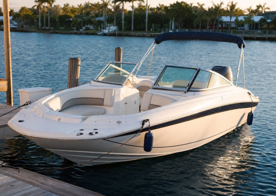Hurricane SunDeck 2200 at the dock at golden hour