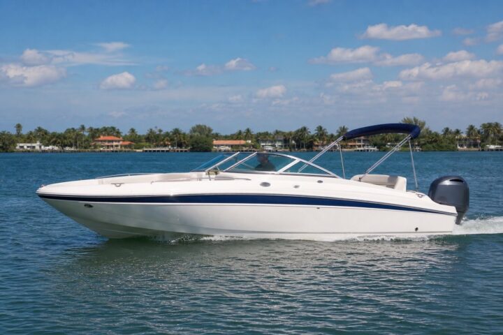Hurricane SunDeck 2200 deck boat, profile view on South Florida water