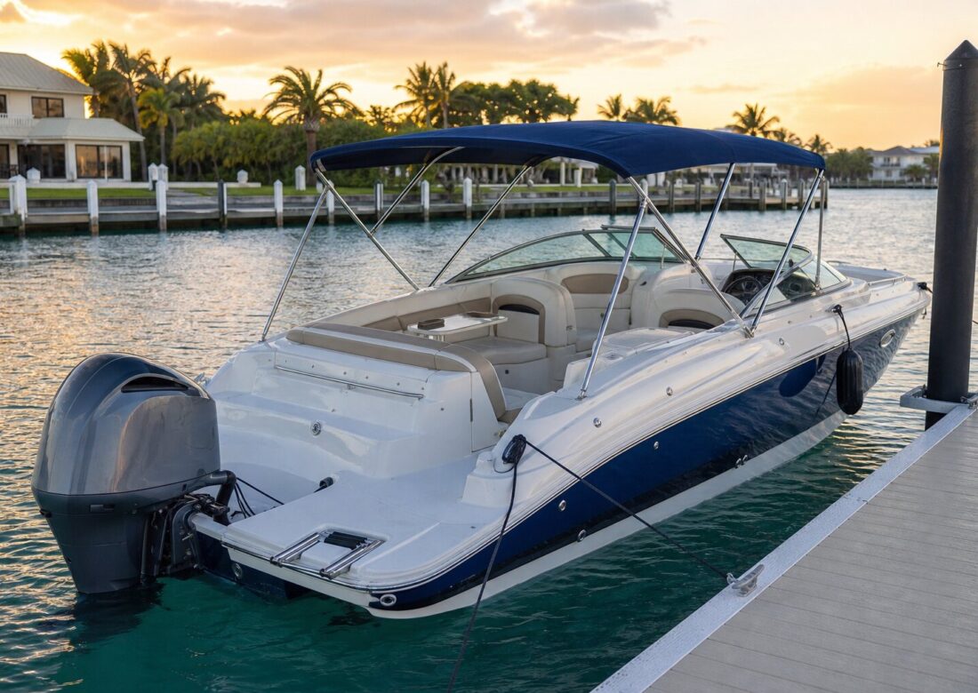 Hurricane SunDeck 2690 at the dock at golden hour