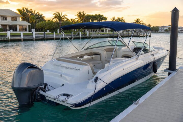 Hurricane SunDeck 2690 at the dock at golden hour