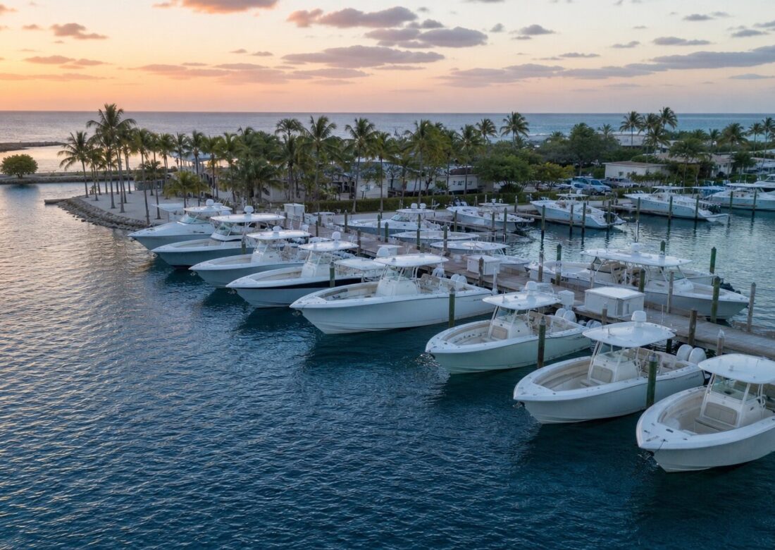 Row of South Florida Boat Club boats in their marina slips at first light