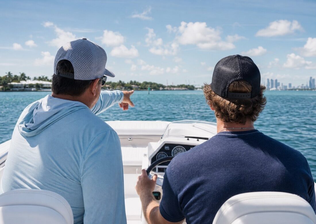 Boaters at the helm looking out over Biscayne Bay toward the Miami skyline